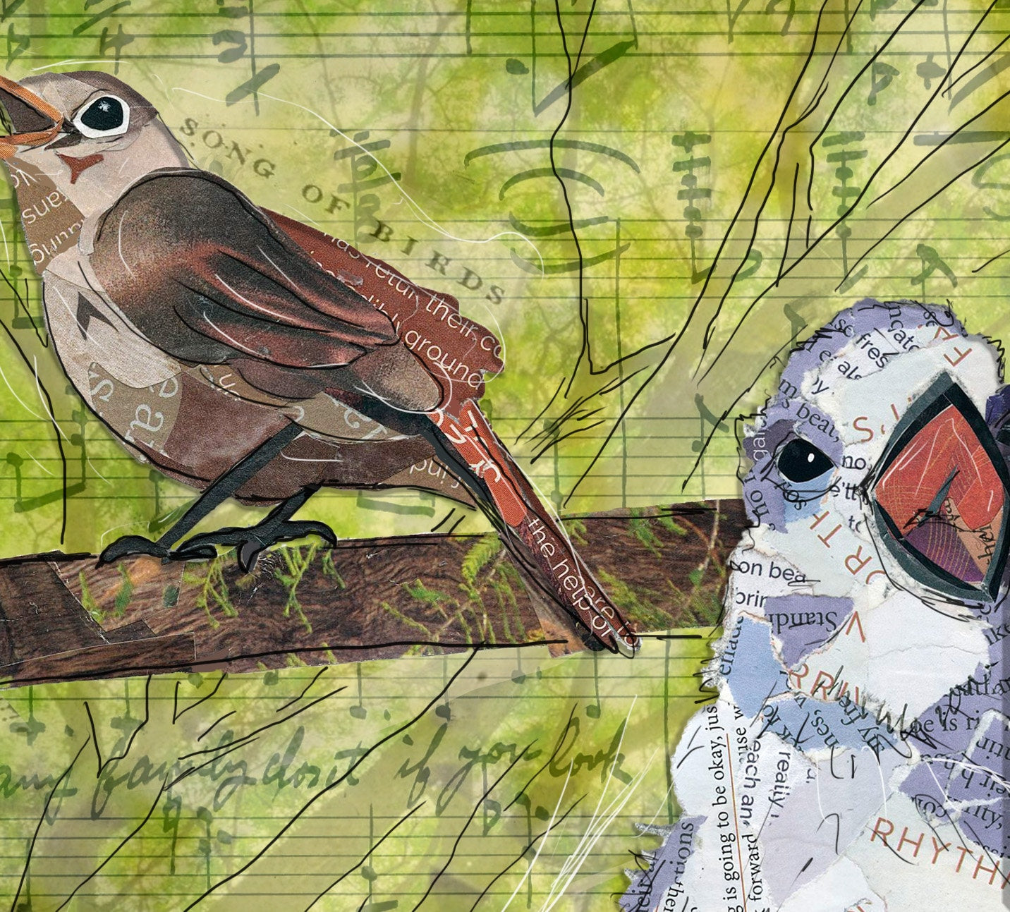 Greeting Card of a mixed media collage of birds singing in the tree branches made of sheet music - green, music - blank inside