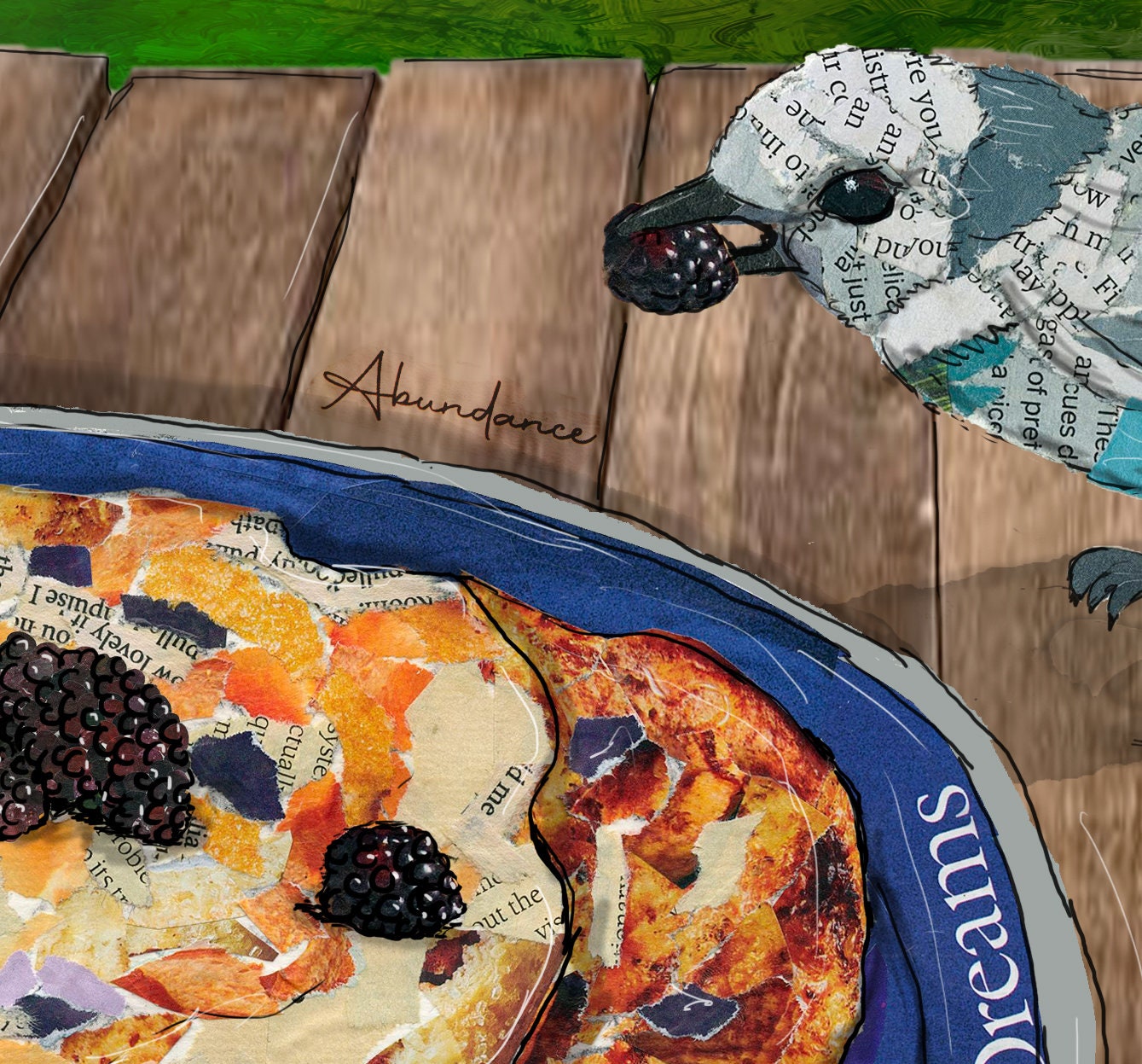8x10 Art Print of a mixed media collage of a grey jay stealing a blackberry from a camper's pancakes