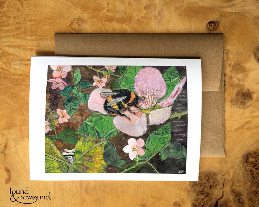 Greeting Card of a mixed media collage of bumble bee pollenating blackberry flowers, frog hiding among leaves - blank inside