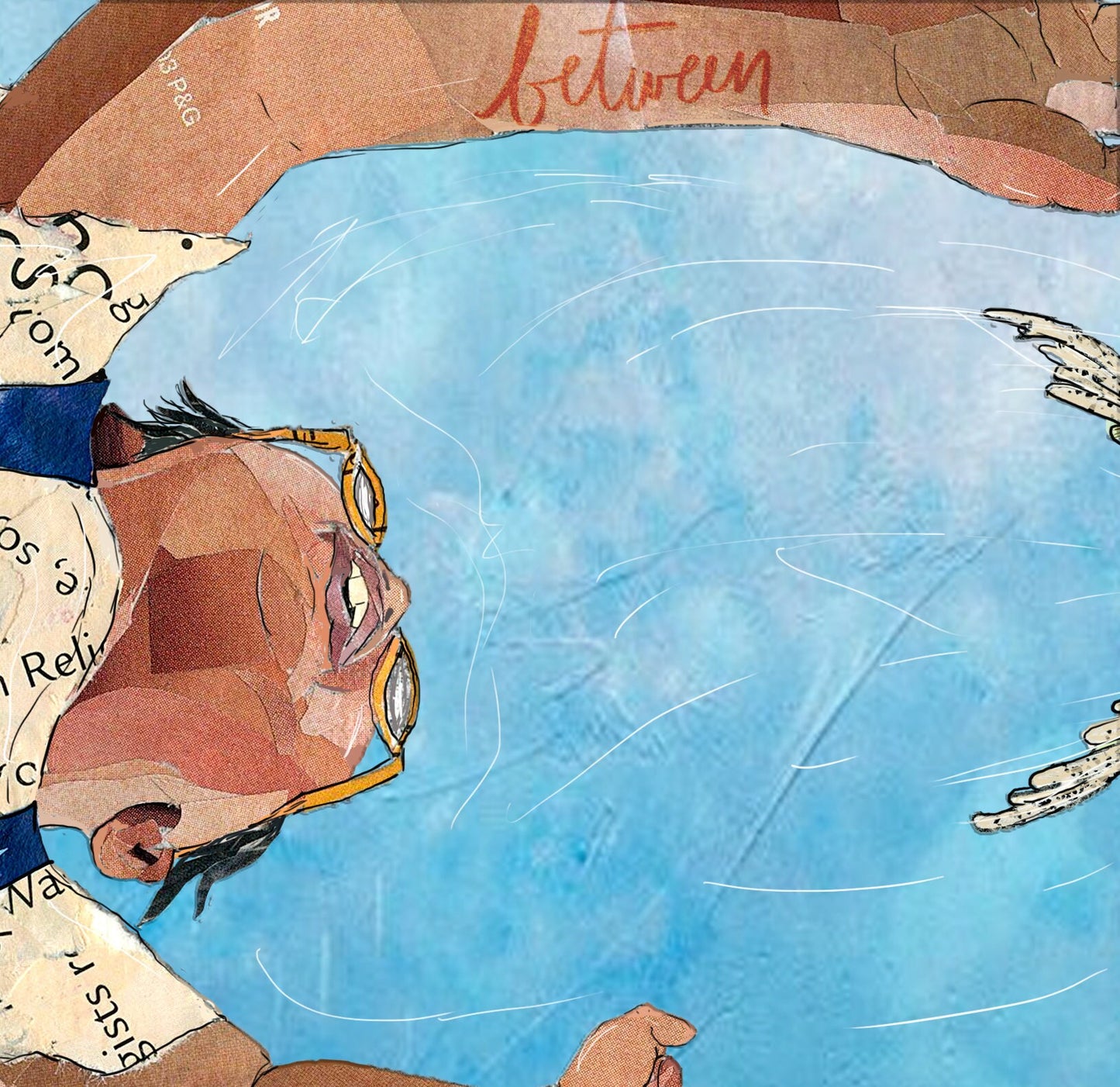 Greeting Card of a mixed media collage of a child reaching for a leaping frog, seen from below, blue sky - blank inside