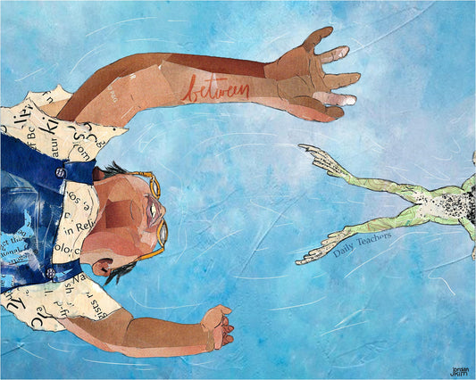 Greeting Card of a mixed media collage of a child reaching for a leaping frog, seen from below, blue sky - blank inside