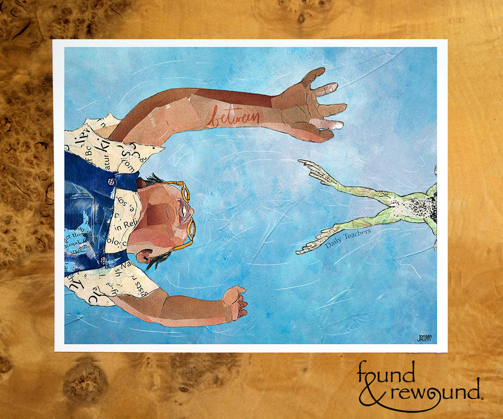 8x10 Art Print of a mixed media collage of a child reaching for a leaping frog, seen from below, blue sky
