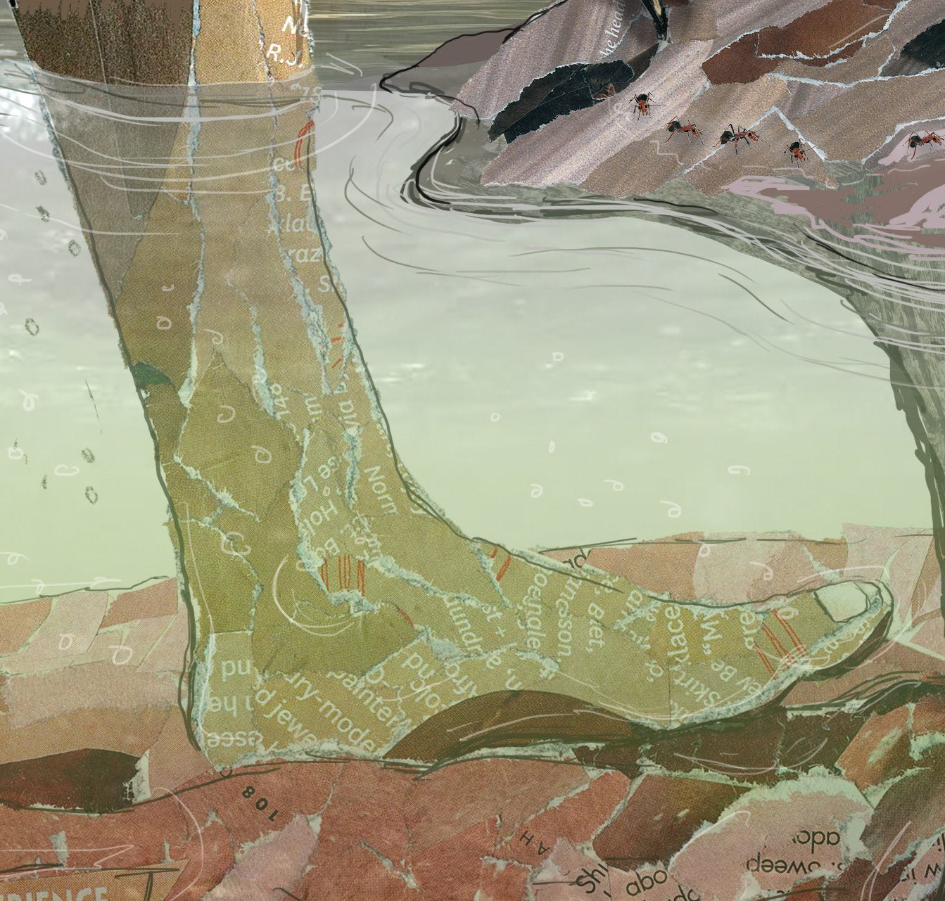 8x10 Art Print of a mixed media collage of a person's feet underwater in a stream with a frog watching ants close by