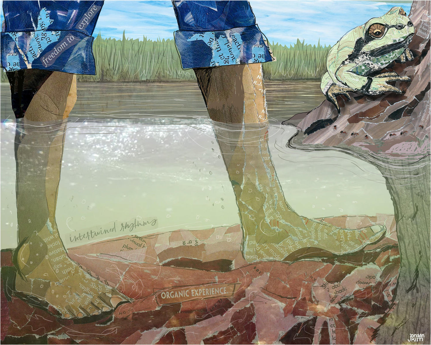 8x10 Art Print of a mixed media collage of a person's feet underwater in a stream with a frog watching ants close by