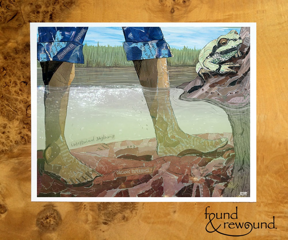 8x10 Art Print of a mixed media collage of a person's feet underwater in a stream with a frog watching ants close by