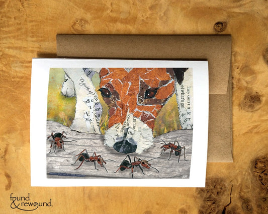 Greeting Card of a mixed media collage of a dog sniffing some ants marching along a log, inspiration phrase - blank inside