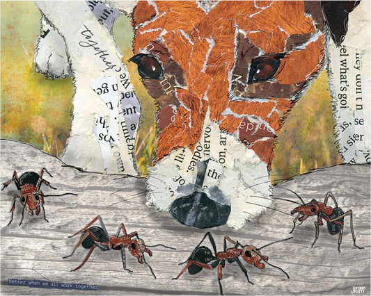 Greeting Card of a mixed media collage of a dog sniffing some ants marching along a log, inspiration phrase - blank inside