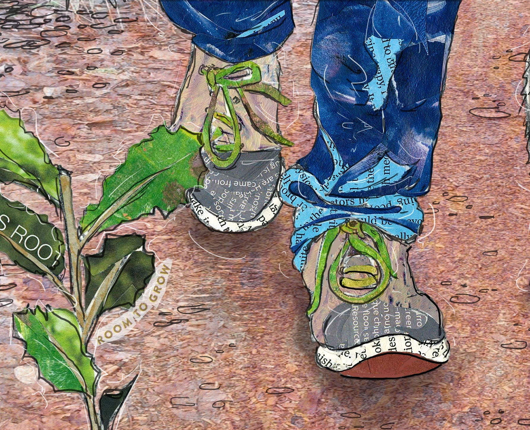 8x10 Art Print of a mixed media collage of a person walking a dog along a path with an oak seedling in the foreground, inspirational text