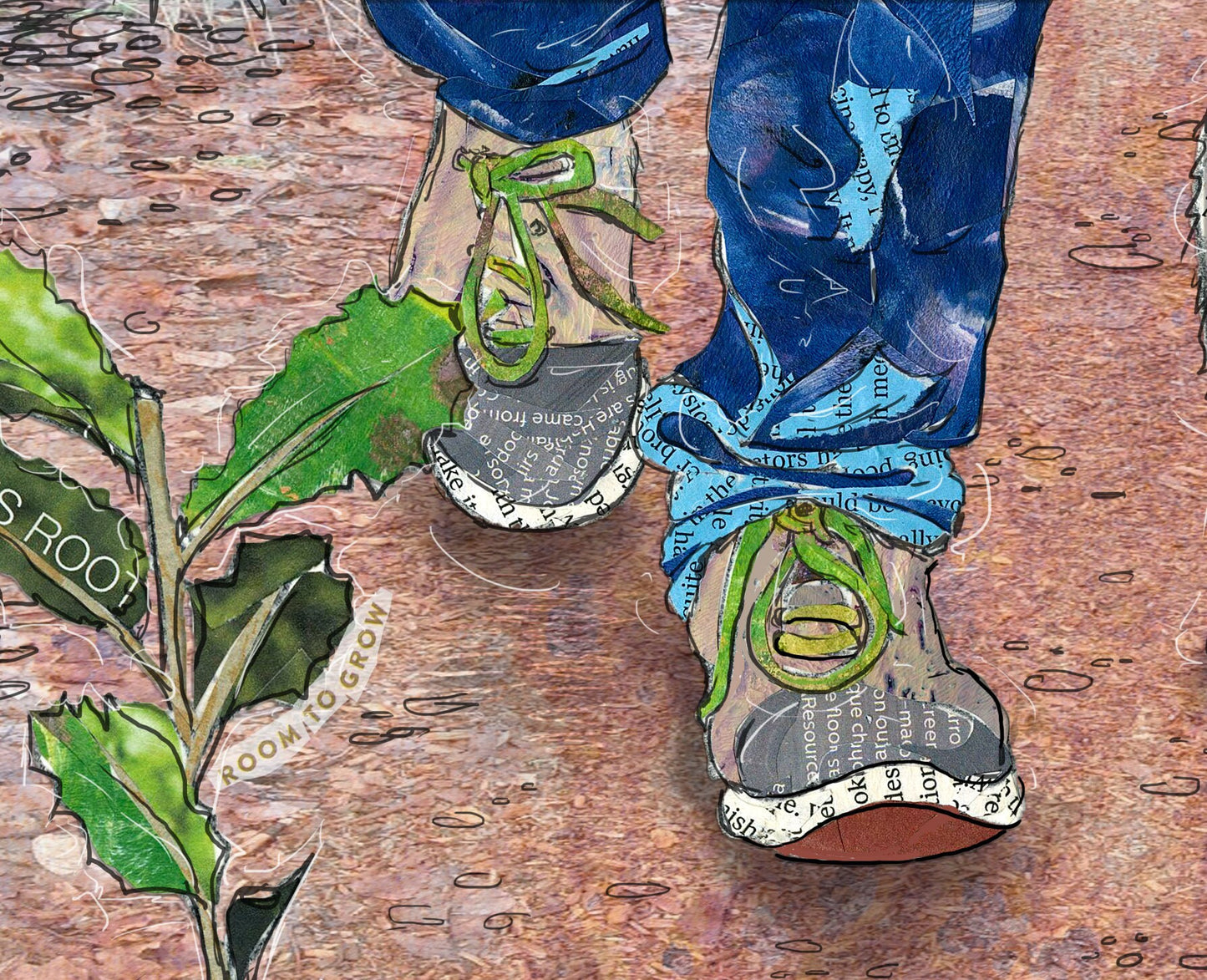 Greeting Card of a mixed media collage of a person walking a dog with an oak seedling in the foreground, inspirational text - blank inside