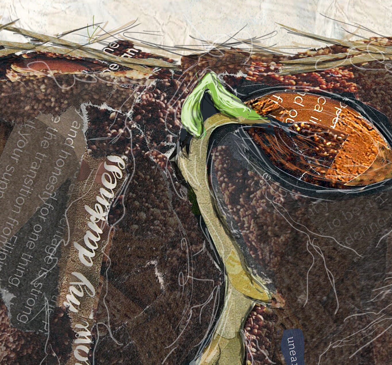 Greeting Card of a mixed media collage of an acorn sprouting underground with snow above the soil surface, inspirational text - blank inside