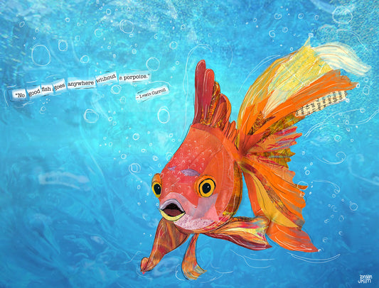 8x10 Art Print of a mixed media collage of a Goldfish, pets, Lewis Carroll quote - fish, orange, blue