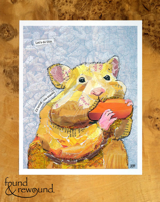 8x10 Art Print of a mixed media collage of a yellow blond Hamster, pets, carrot, eating - funny text