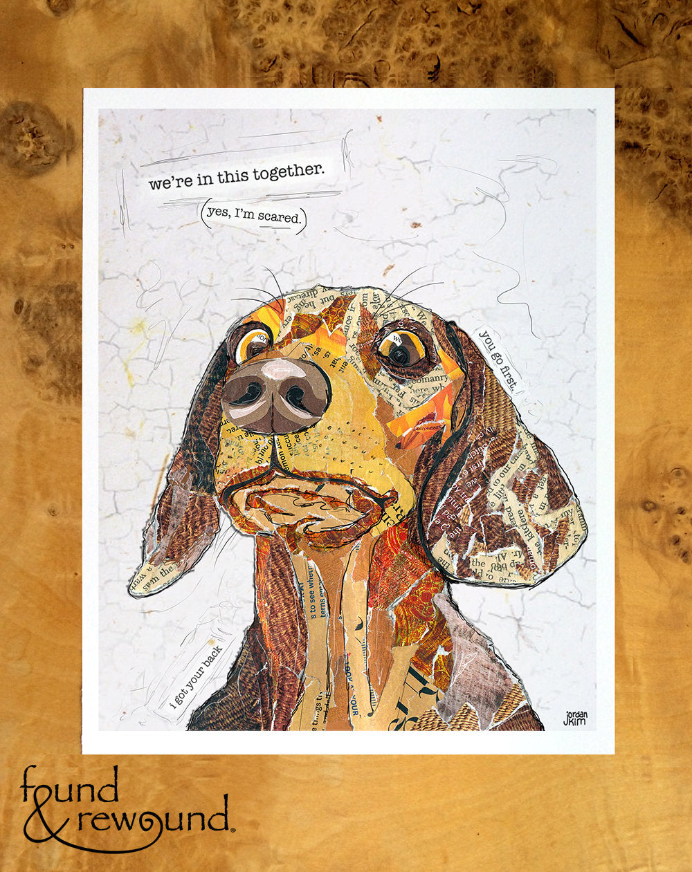 8x10 Art Print of a mixed media collage of a scared dog, pets, pup, face, worried - funny text