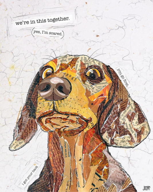 Greeting Card of mixed media collage of a scared dog, pets, worried face, funny text outside, Blank Inside