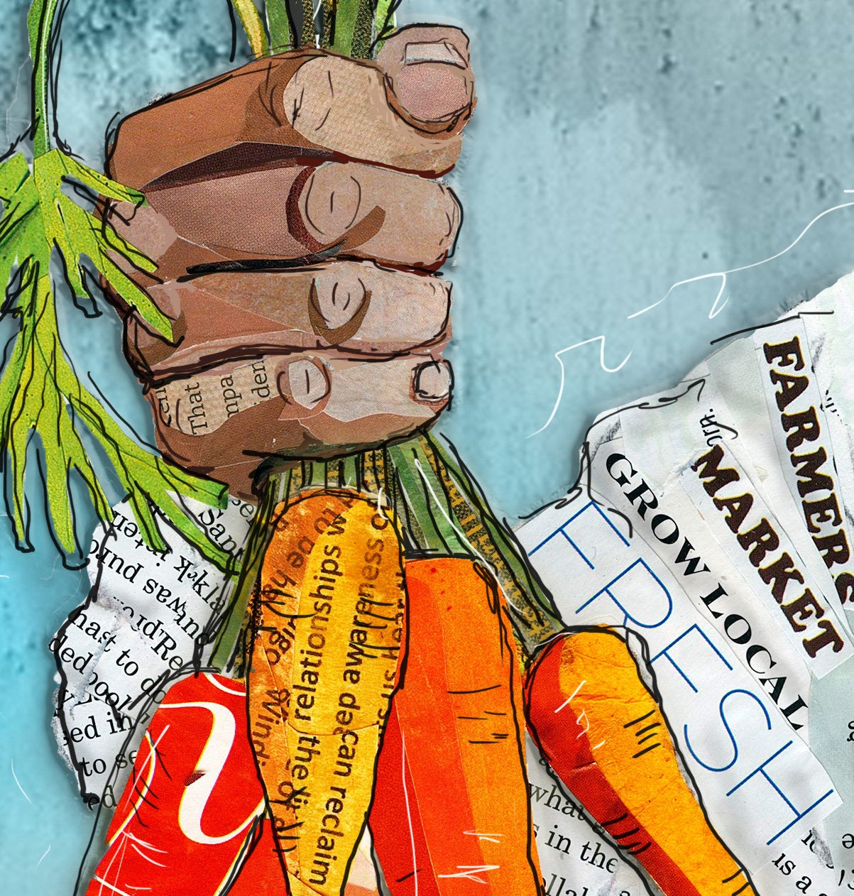 Greeting Card of mixed media collage of a hands holding carrots, gardening, farming - Blank Inside