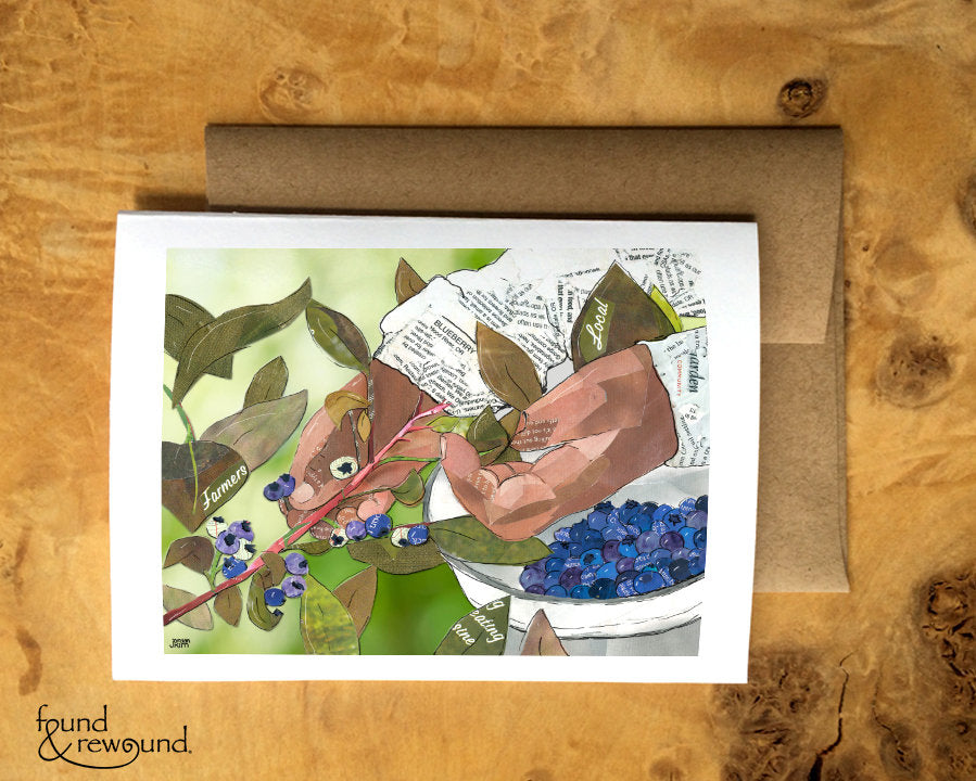 Greeting Card of mixed media collage of hands picking blueberries, farming, farm workers, gardening - Blank Inside