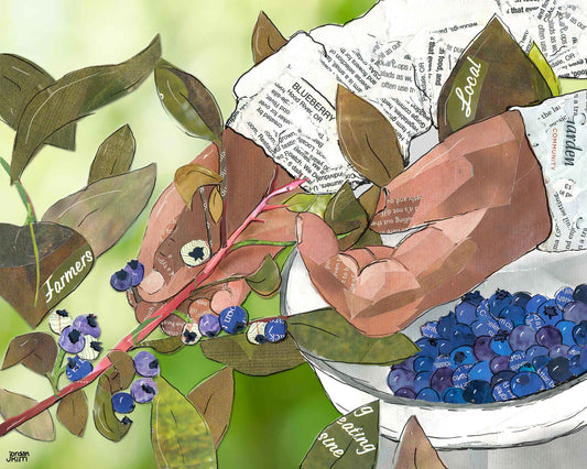 Greeting Card of mixed media collage of hands picking blueberries, farming, farm workers, gardening - Blank Inside