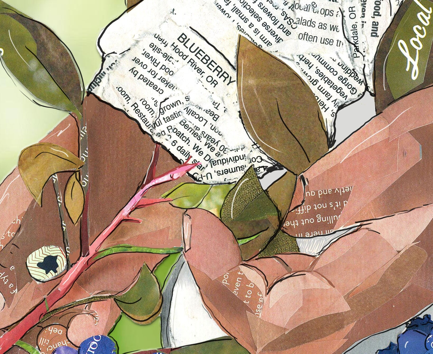 8x10 Art Print of a mixed media collage of person picking blueberries, garden, farming, farm labor