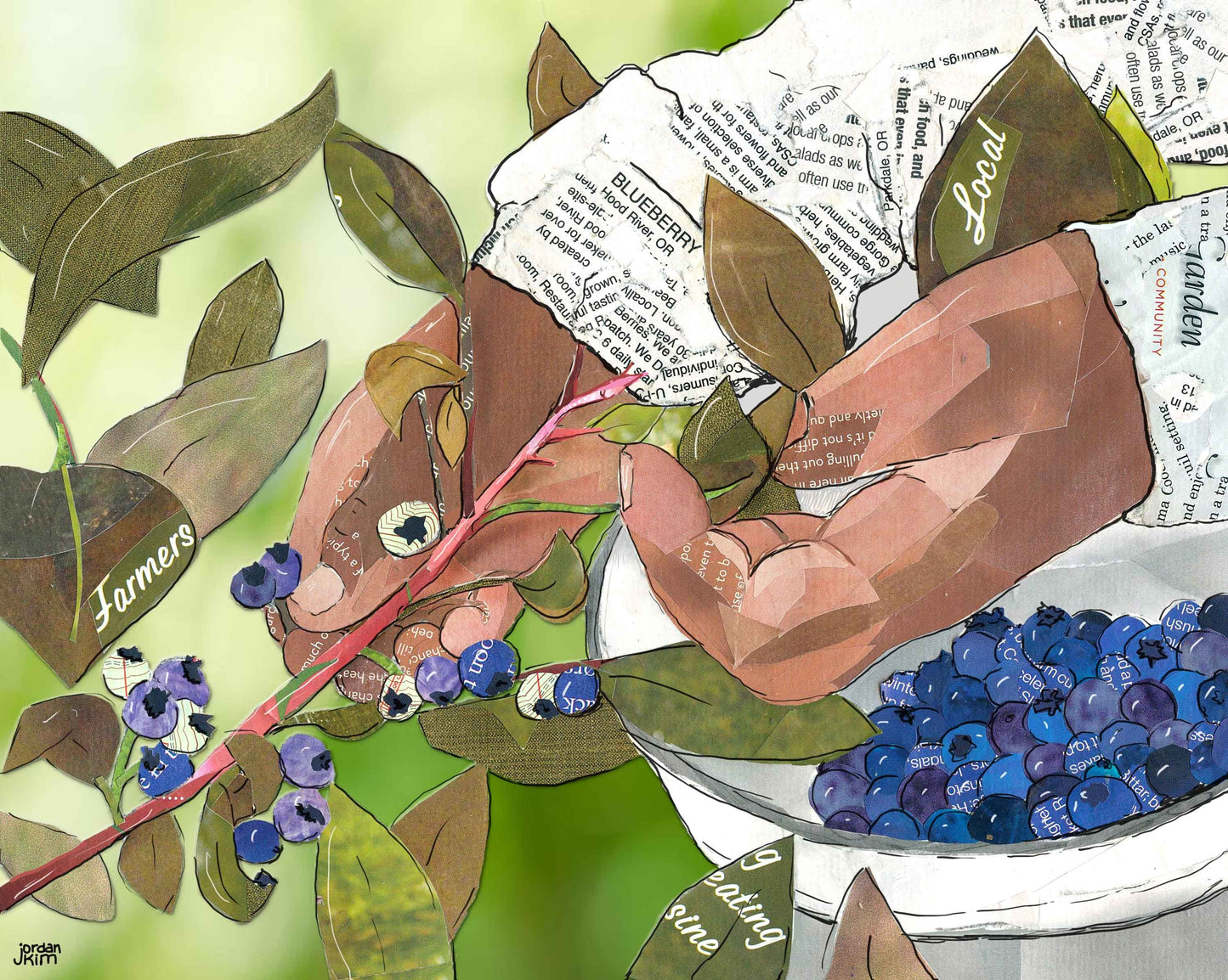 8x10 Art Print of a mixed media collage of person picking blueberries, garden, farming, farm labor
