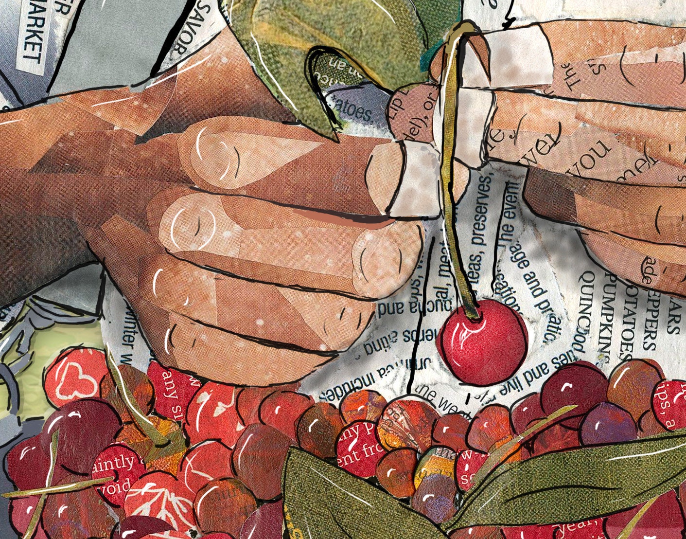 Greeting Card of mixed media collage of a farm worker picking cherries, farming, gardening - Blank Inside