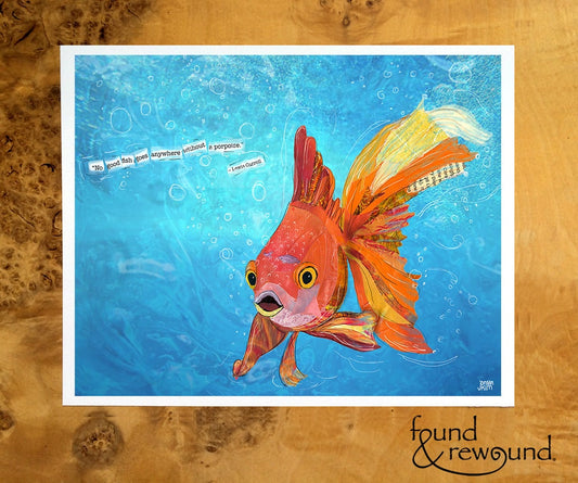 8x10 Art Print of a mixed media collage of a Goldfish, pets, Lewis Carroll quote - fish, orange, blue