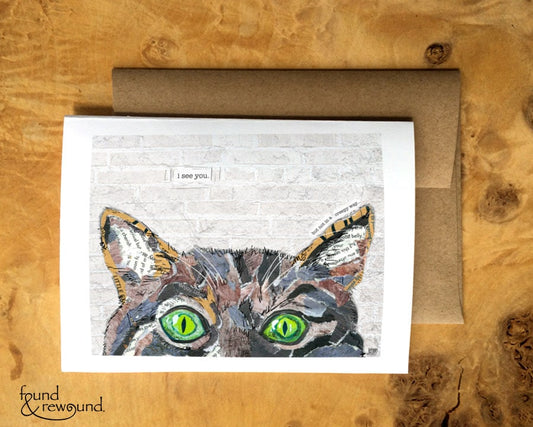 Greeting Card of mixed media collage of a Cat, pets, funny text outside, Blank Inside