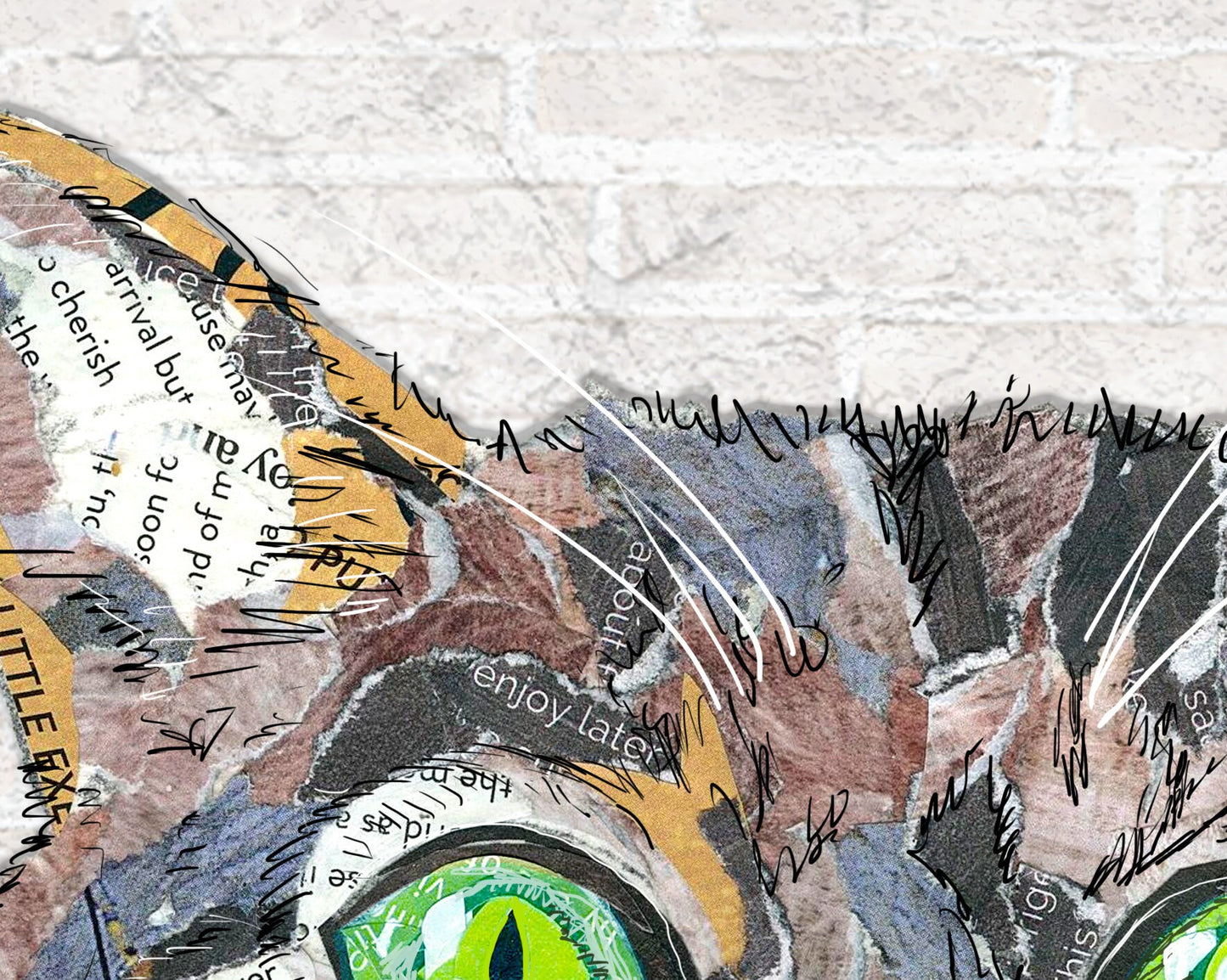 20"x16"x 1.5" of a mixed media collage of a Cat, pets, green eyes - funny text