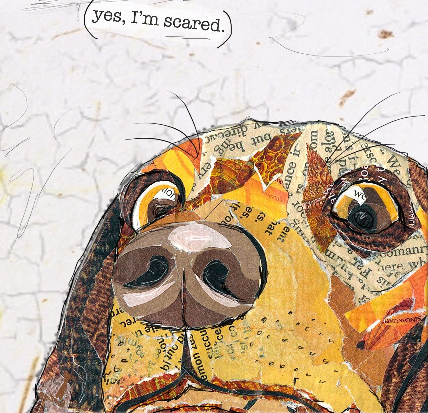 Greeting Card of mixed media collage of a scared dog, pets, worried face, funny text outside, Blank Inside