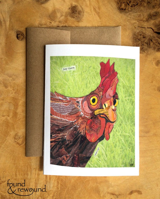 Greeting Card of mixed media collage of a chicken, pets, face, funny text outside, Blank Inside