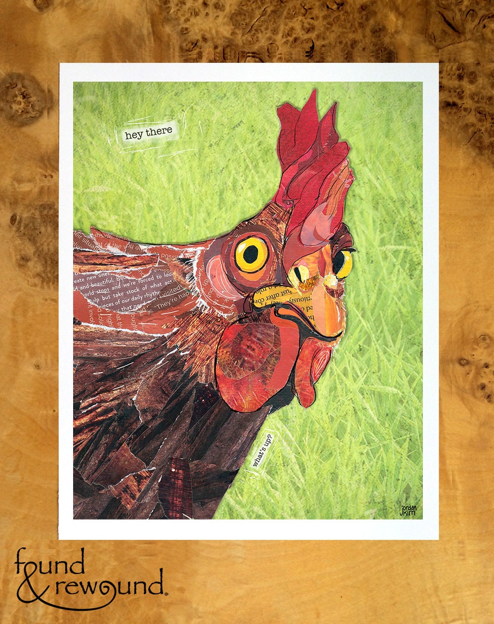 8x10 Art Print of a mixed media collage of a chicken, pets, face, hen, rooster - funny text