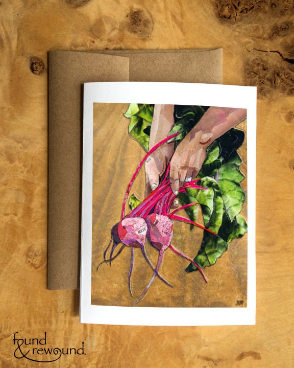 Greeting Card of mixed media collage of a hands holding beets, gardening, farming - Blank Inside