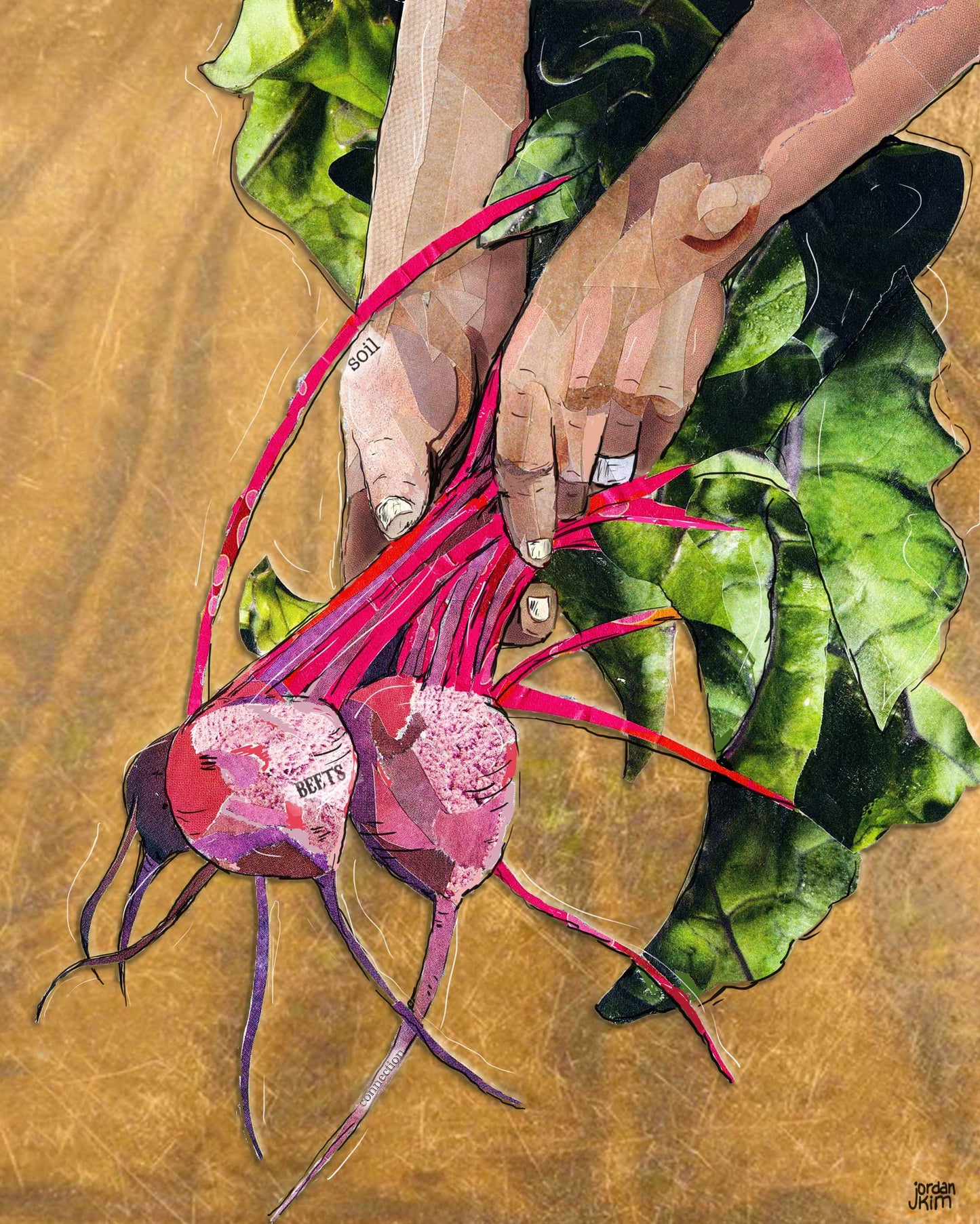 8x10 Art Print of a mixed media collage of hands pulling beets from soil, garden, farming