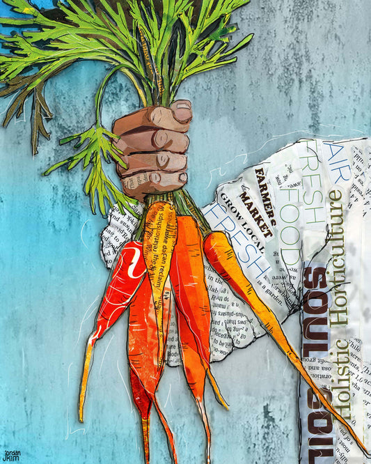 Greeting Card of mixed media collage of a hands holding carrots, gardening, farming - Blank Inside