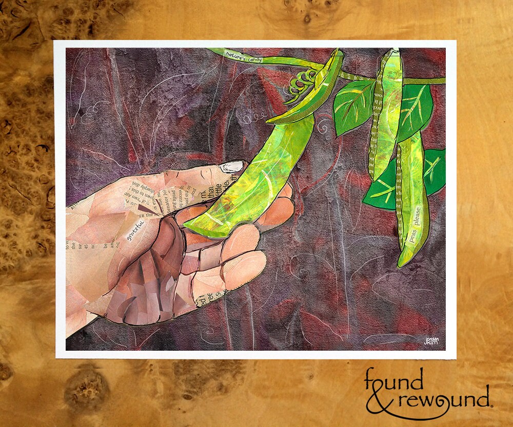 8x10 Art Print of a mixed media collage of hands picking snap peas, garden, farming