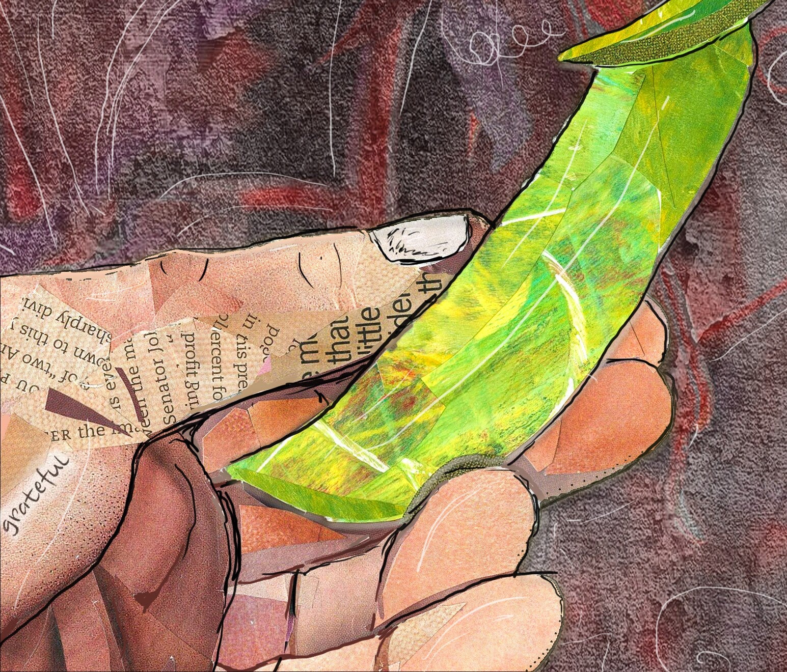 Greeting Card of mixed media collage of a hands picking snap peas, gardening, farming - Blank Inside