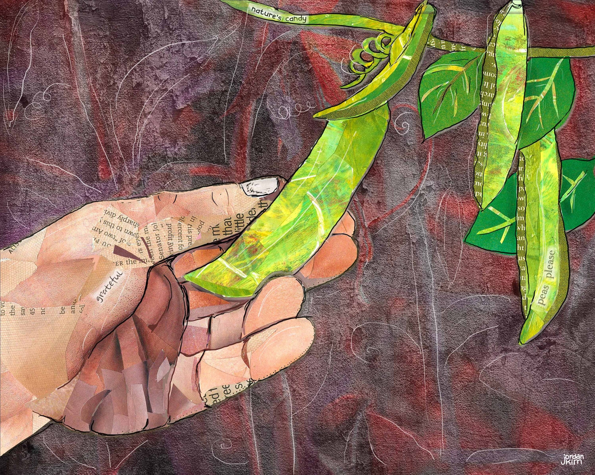 Greeting Card of mixed media collage of a hands picking snap peas, gardening, farming - Blank Inside