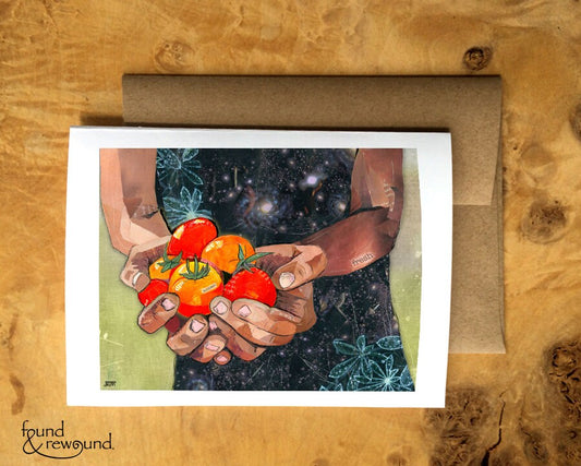 Greeting Card of mixed media collage of a hands holding tomatoes, gardening, farming - Blank Inside