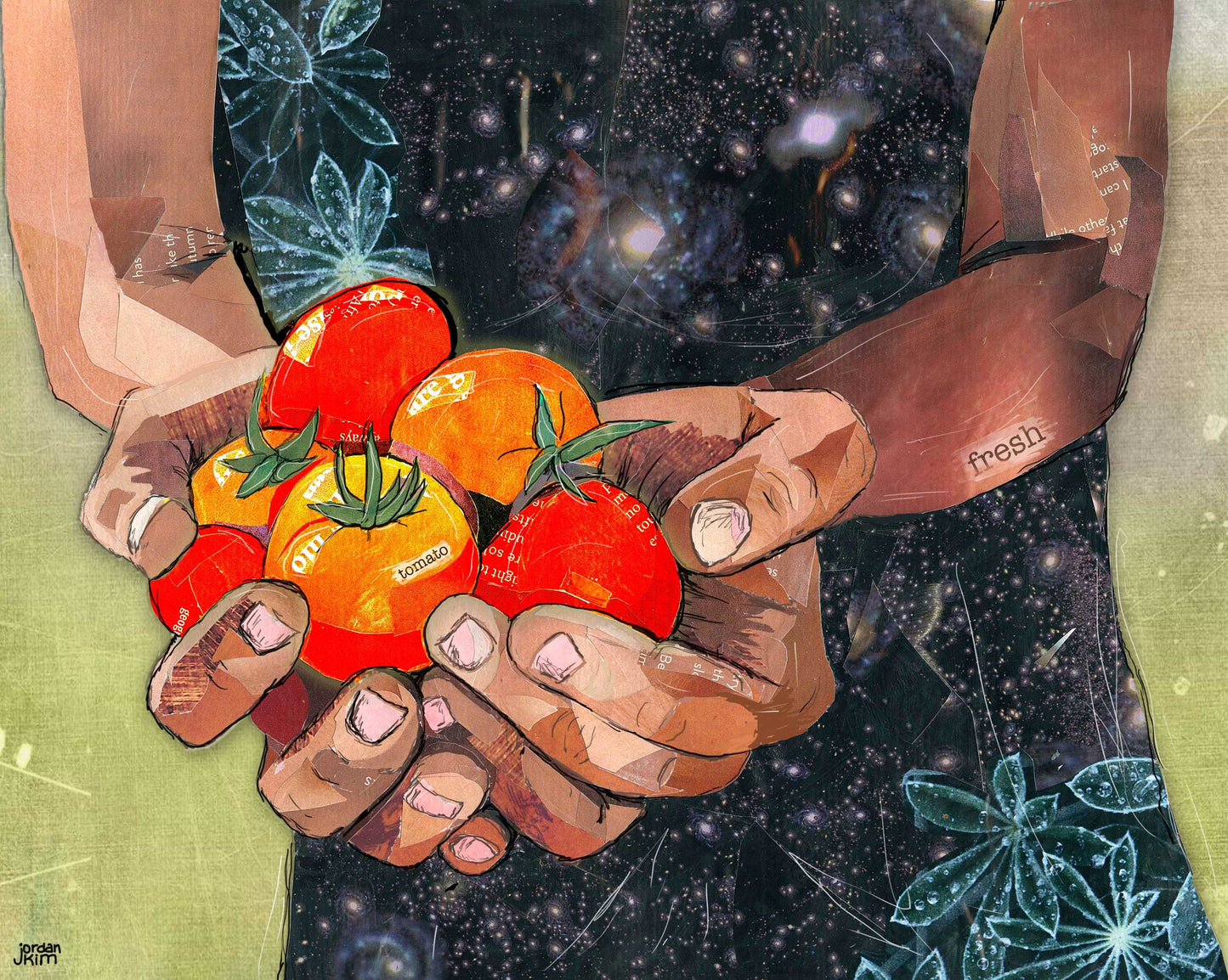 Greeting Card of mixed media collage of a hands holding tomatoes, gardening, farming - Blank Inside