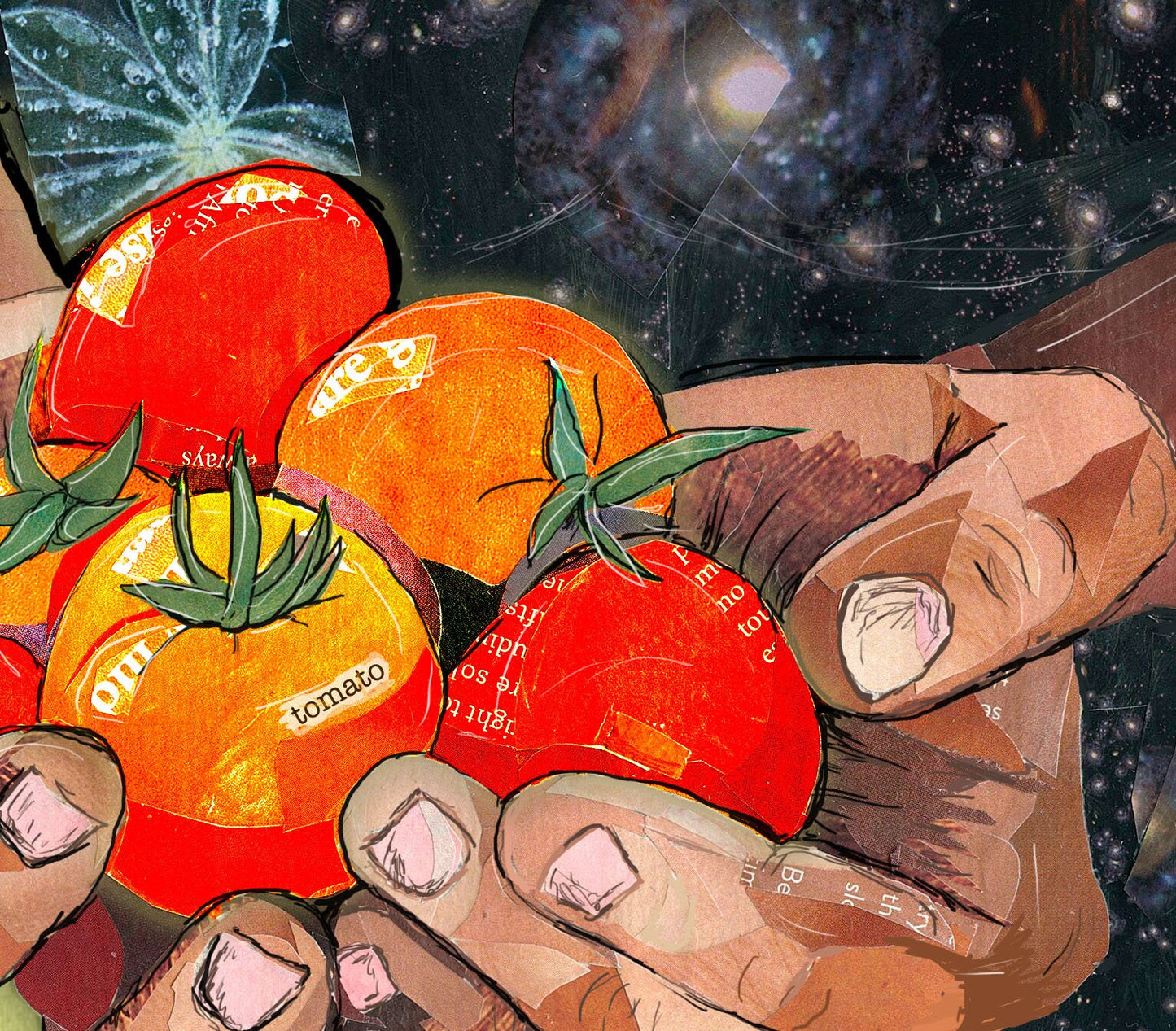 Greeting Card of mixed media collage of a hands holding tomatoes, gardening, farming - Blank Inside
