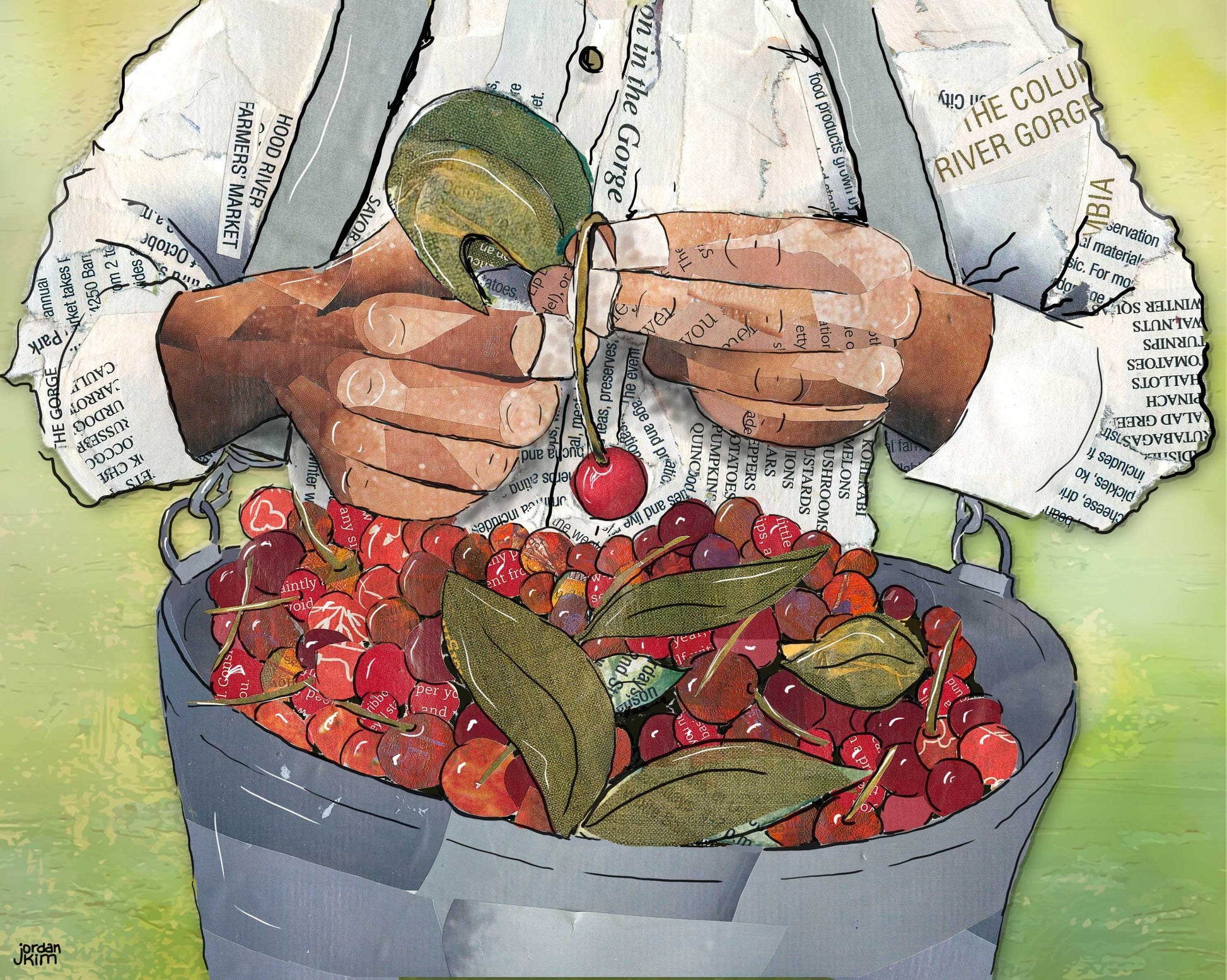 Greeting Card of mixed media collage of a farm worker picking cherries, farming, gardening - Blank Inside