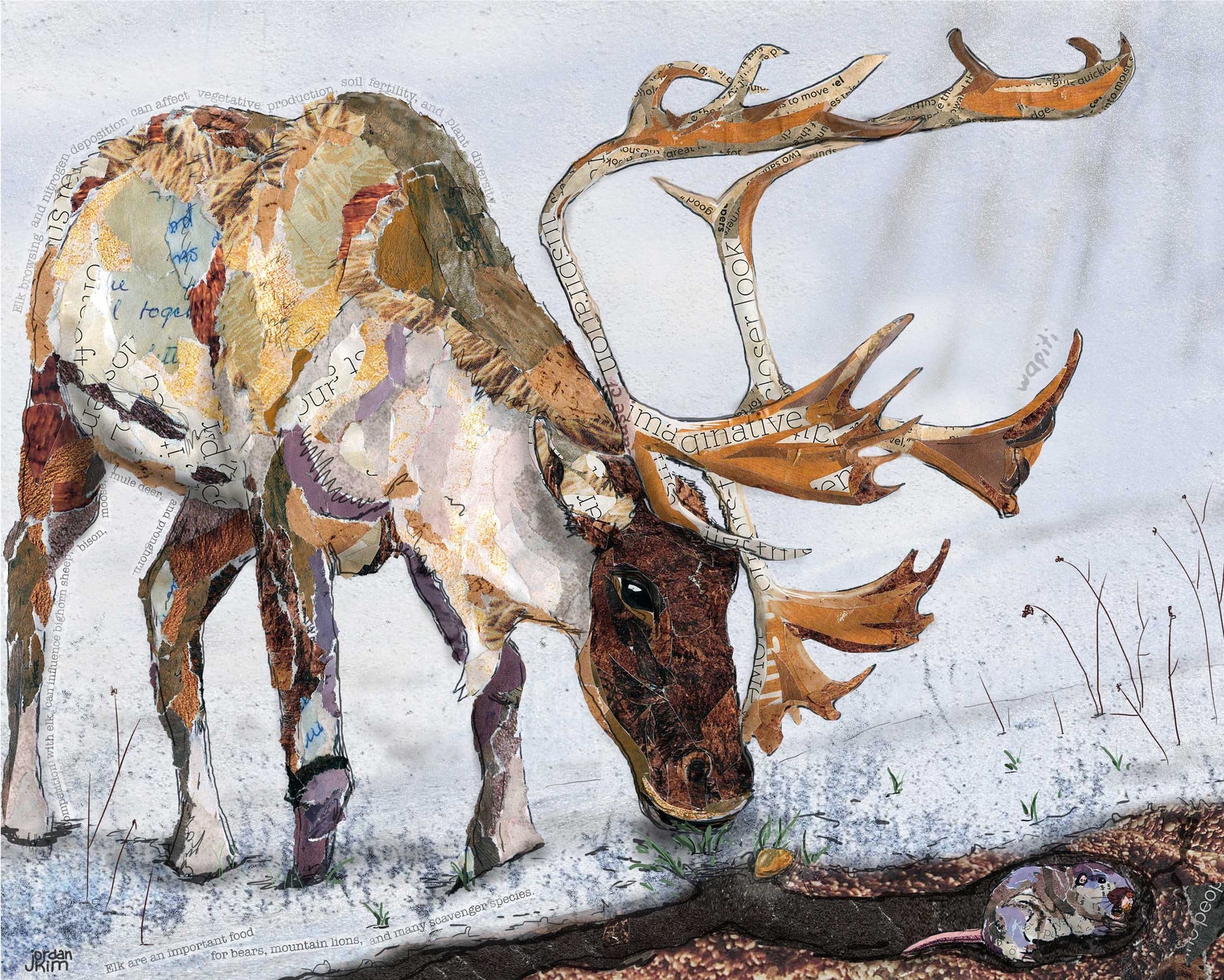 8x10 Art Print of a mixed media collage of an elk in the snow, with a gopher below, Yellowstone
