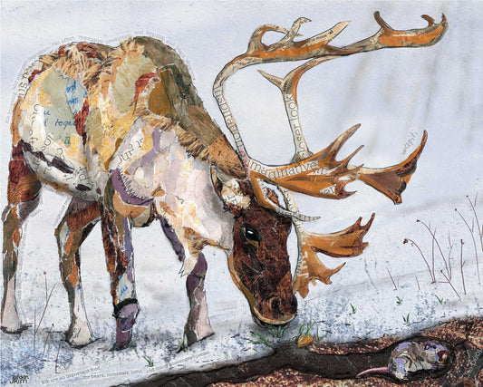 8x10 Art Print of a mixed media collage of an elk in the snow, with a gopher below, Yellowstone