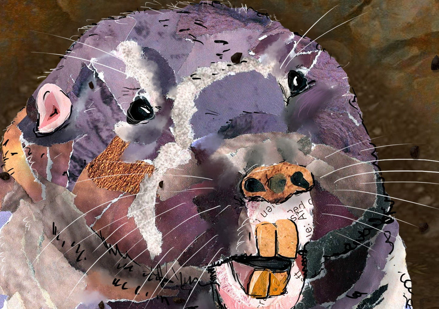 Greeting Card of mixed media collage of a pocket gopher popping out of the soil, Yellowstone - Blank Inside