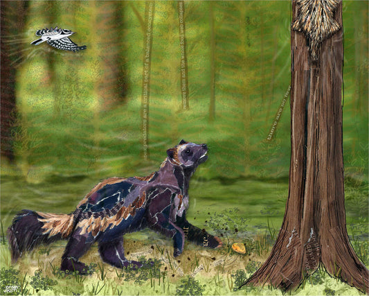 Greeting Card of mixed media collage of a wolverine chasing a porcupine, Yellowstone - Blank Inside