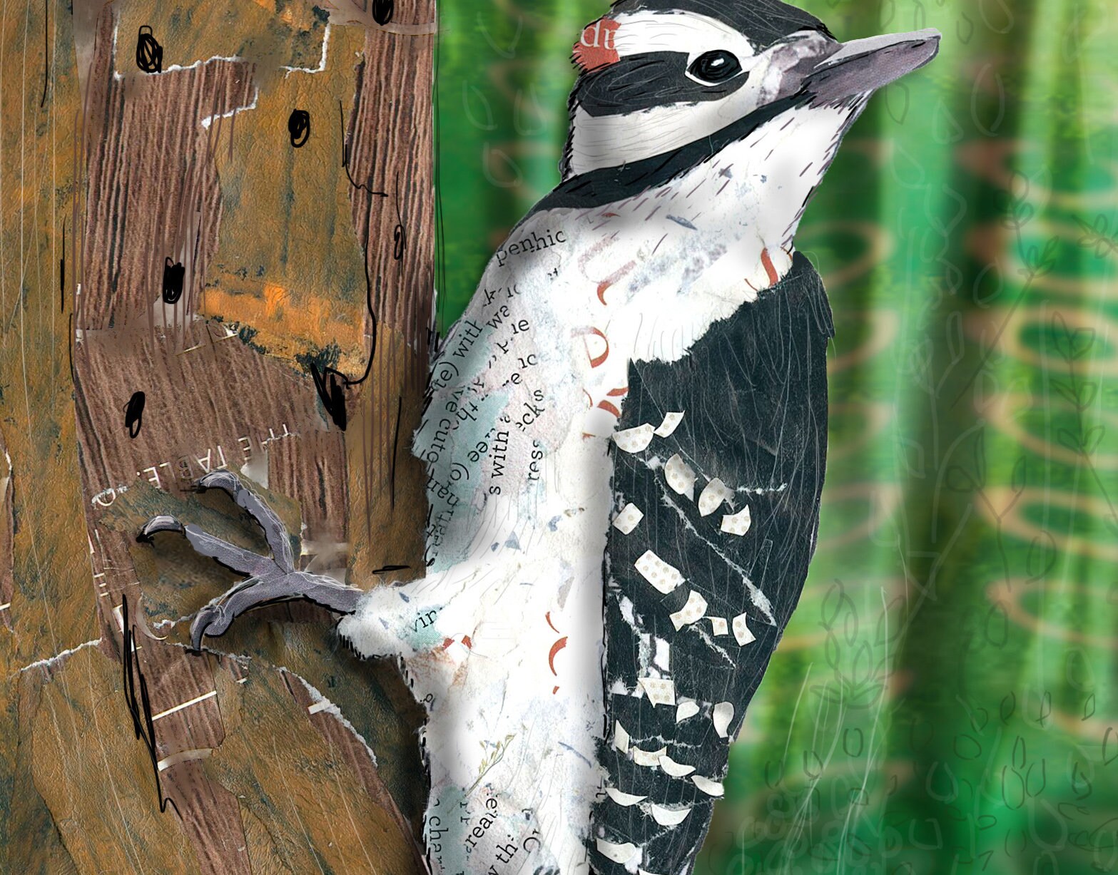 8x10 Art Print of a mixed media collage of a hairy woodpecker hanging on a tree, Yellowstone