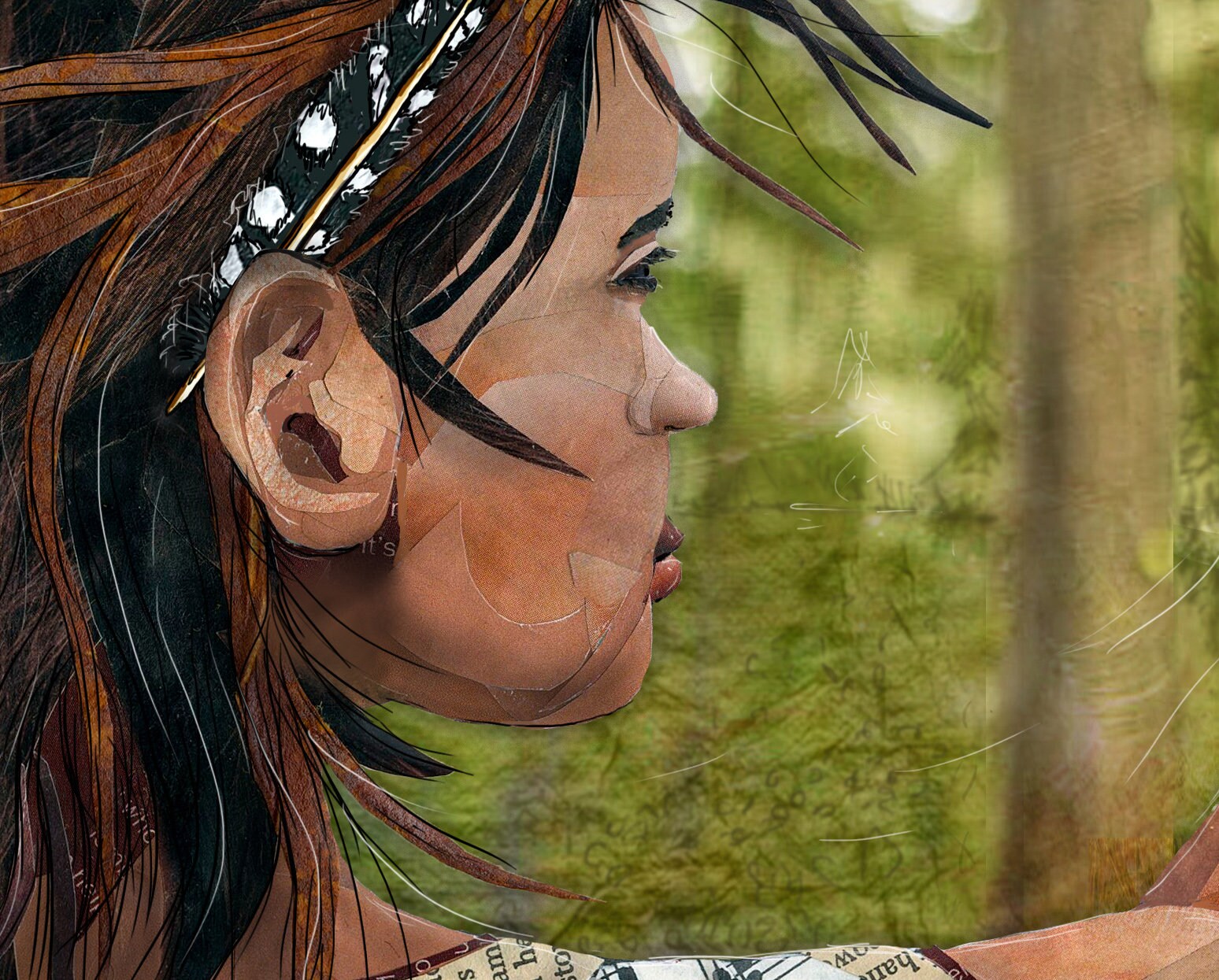 Greeting Card of mixed media collage of a girl throwing a stone with a feather behind her ear, Yellowstone - Blank Inside