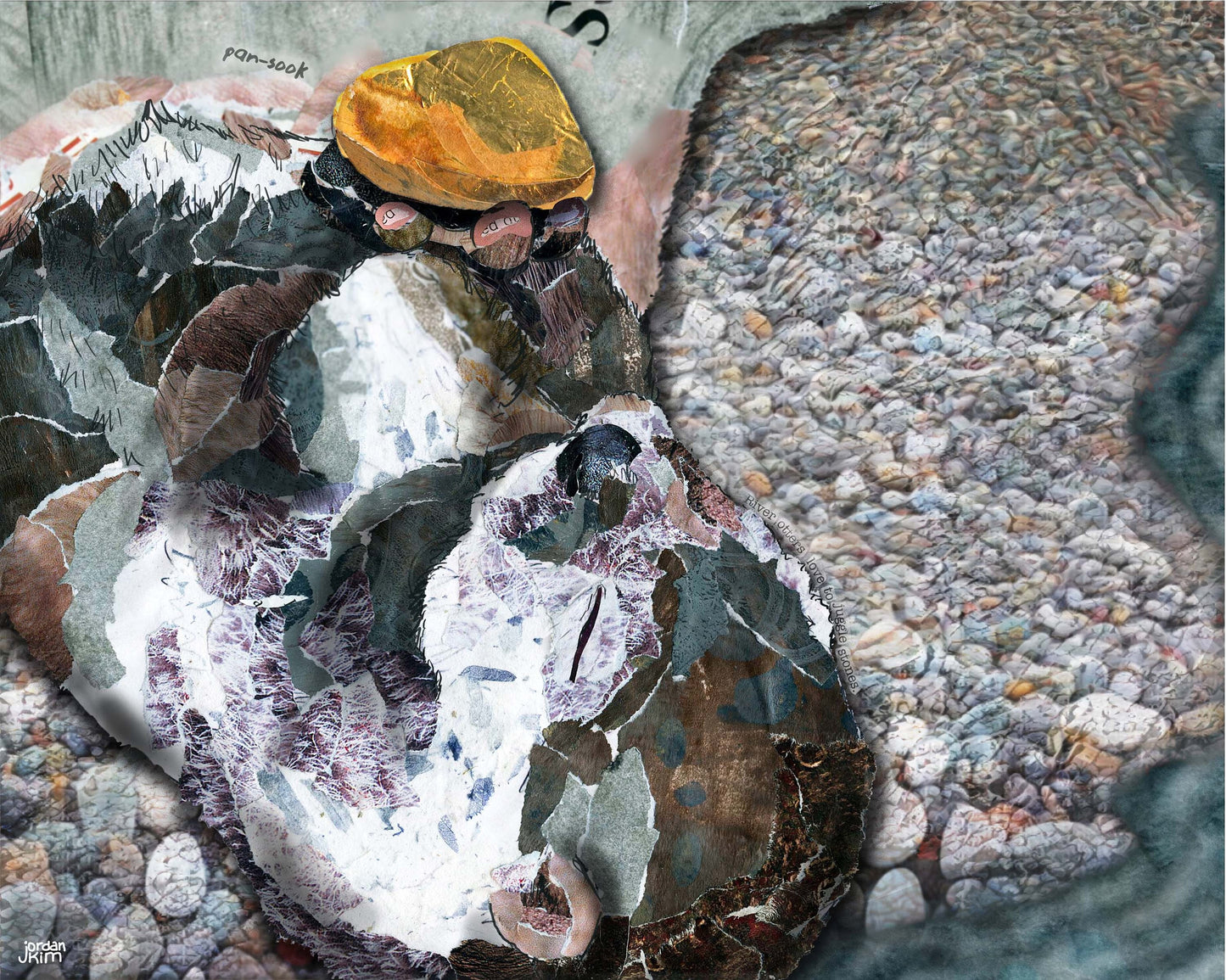 8x10 Art Print of a mixed media collage of a river otter juggling a stone, Yellowstone