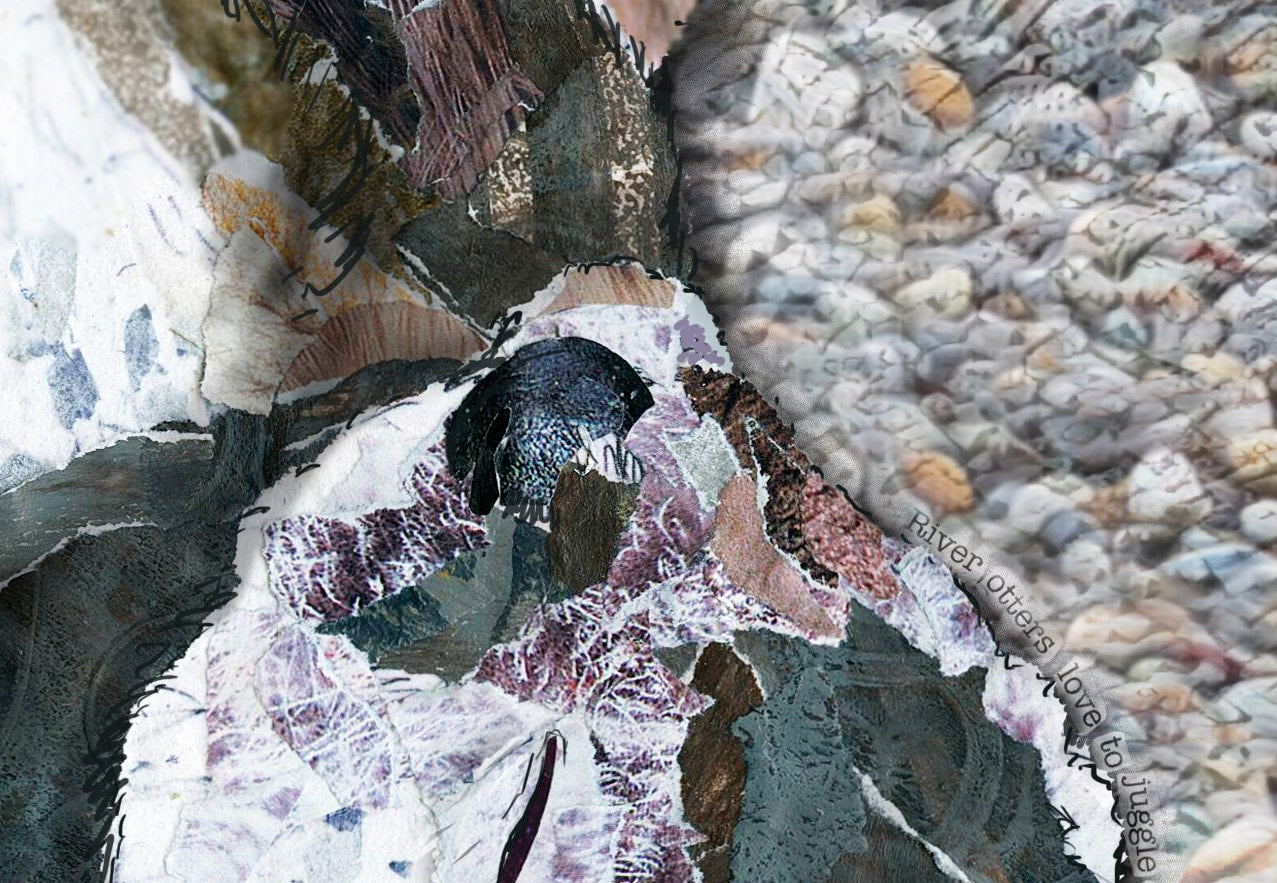 8x10 Art Print of a mixed media collage of a river otter juggling a stone, Yellowstone