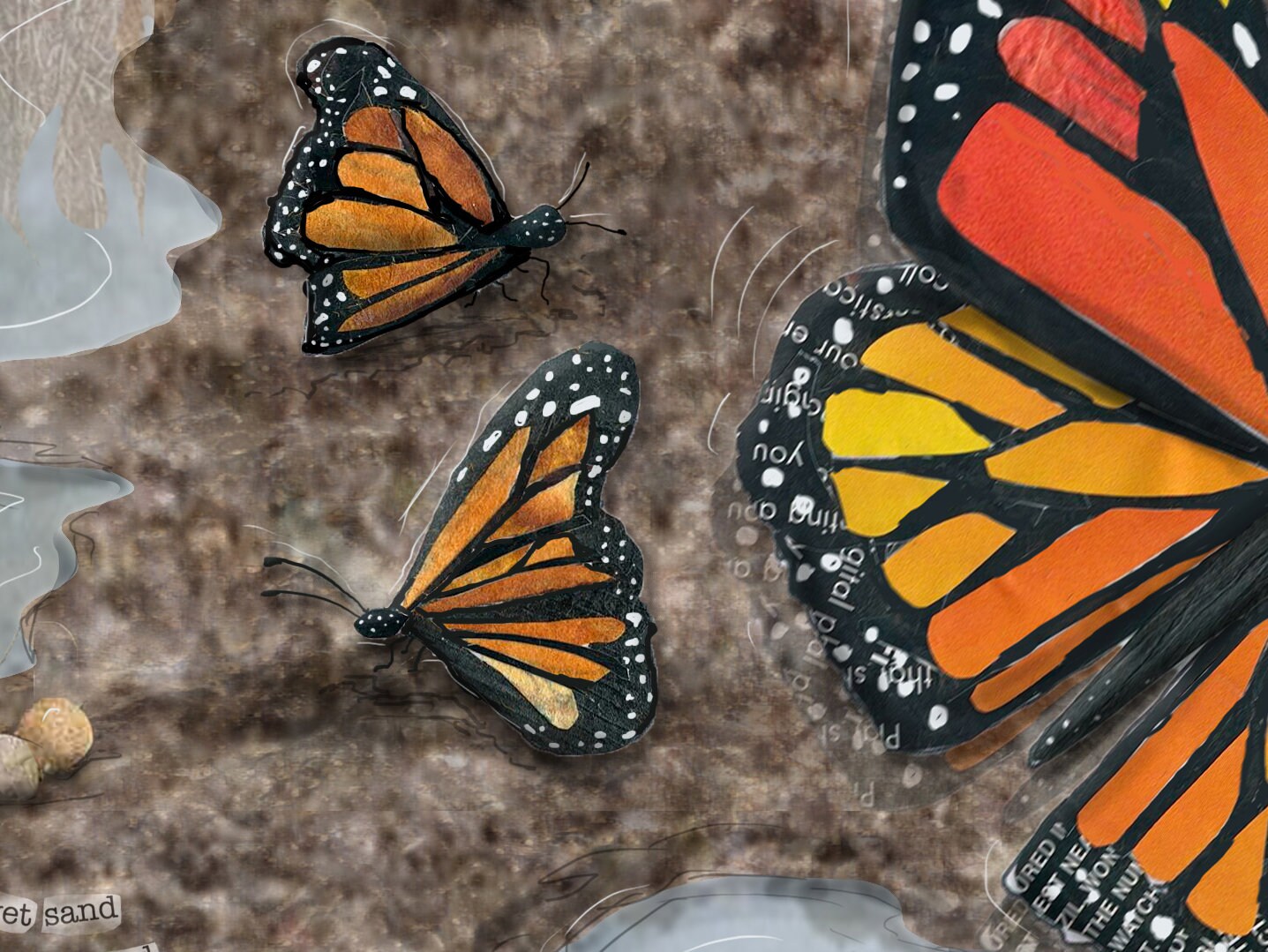 8x10 Art Print of a mixed media collage of monarch butterflies puddling, Yellowstone