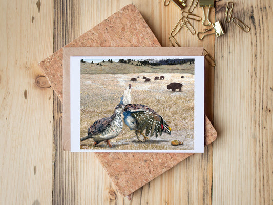 Greeting Card of mixed media collage of a. pair of sharp-tailed grouse hunting grasshoppers, Yellowstone - Blank Inside
